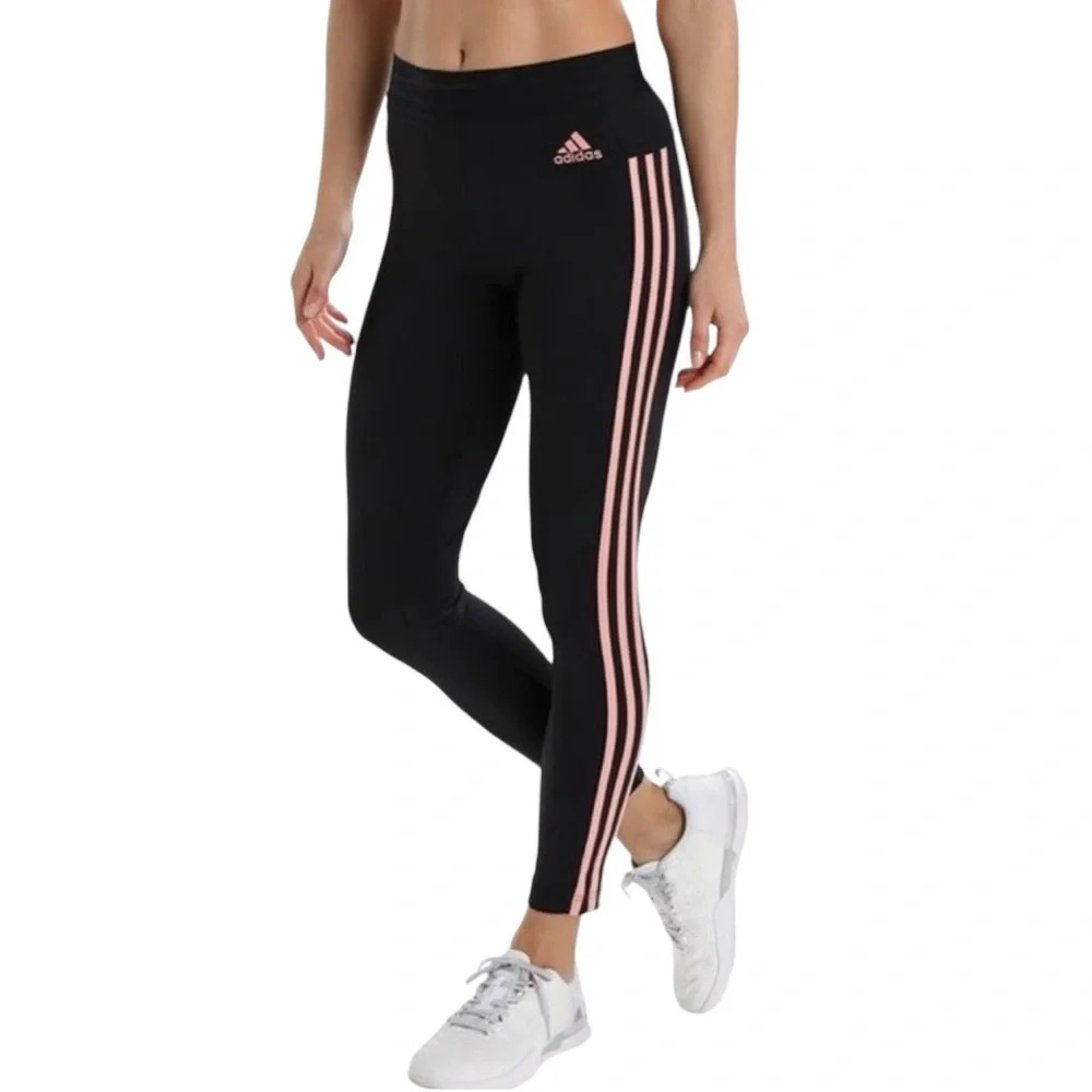 ADIDAS Women’s XS Equip 3-Stripes Leggings BLACK/BLUSH  PINK Stripes Front Logo